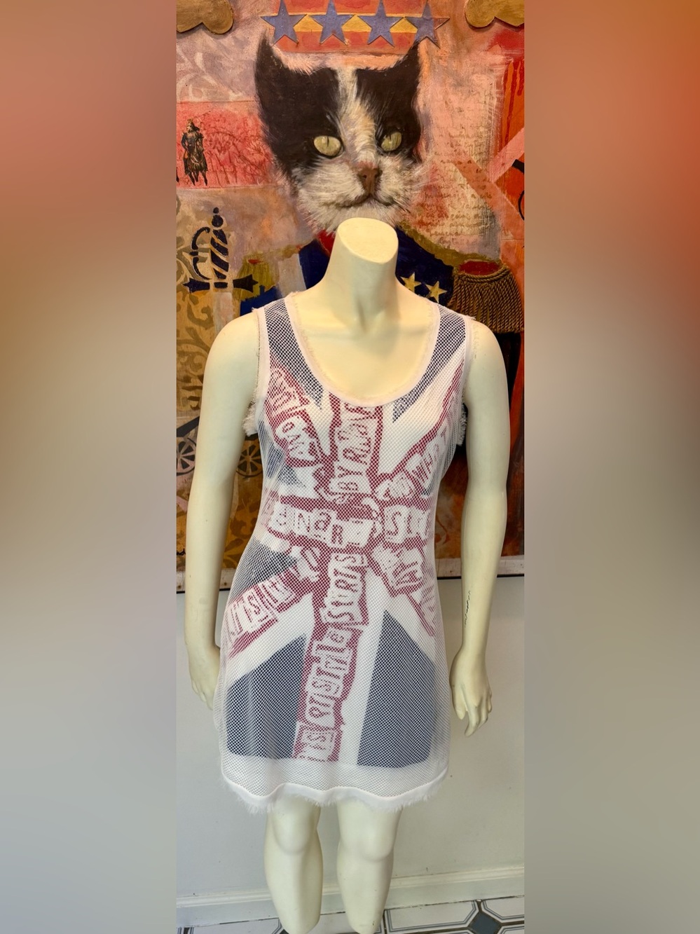 Punk brand after the SEX PISTOLS F & 2 iconic British flag tank dress mesh shell
